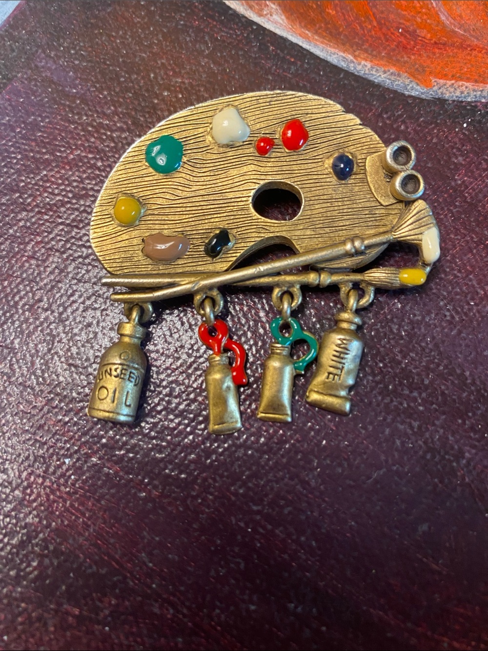 Danecraft Artist Palette Paintbrush Brooch with Hanging Paint Tubes
